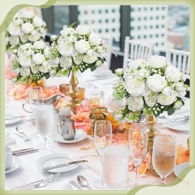Crowye 8 Bundles Artificial Peonies Realistic Flowers with Stems Bouquet Peonies for Table Centerpieces Wedding Decoration Bridal Floral Arrangement (White)