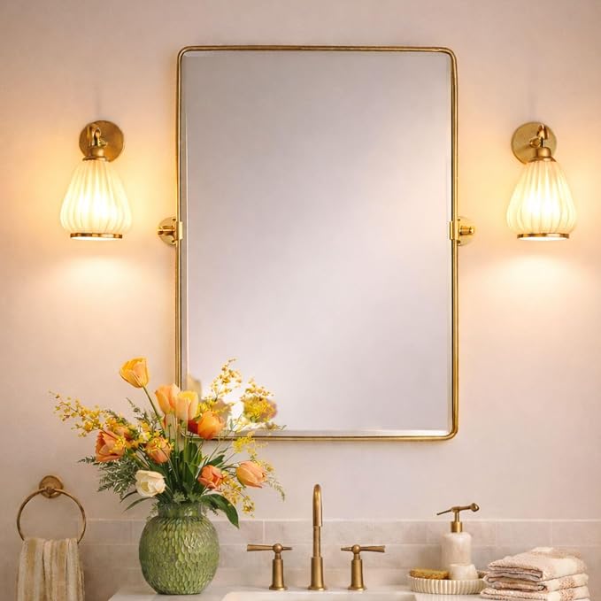 Farmhouse Pivot Rectangle Bathroom Mirror Brushed Nickel Metal Framed Tilting Beveled Vanity Mirrors for Wall, Overall 27.91x 30 inches (Mirrror 24 x 30 inches)