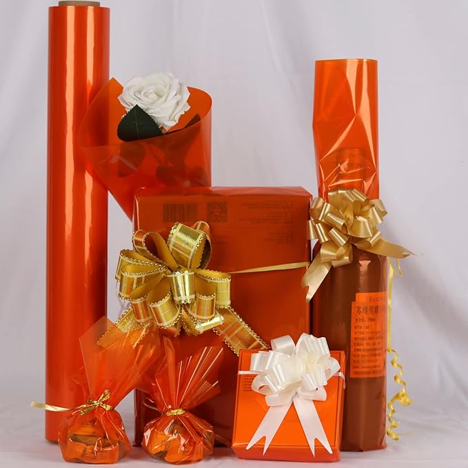 CMFYHM Orange Cellophane Wrap Roll,Colorful Cello 34 In Wide X 100 Ft Long, Translucent Colored Cellophane Wrapping Paper for Gift Baskets Wrap, Treats, Holiday, DIY Arts Crafts Decoration (Orange)