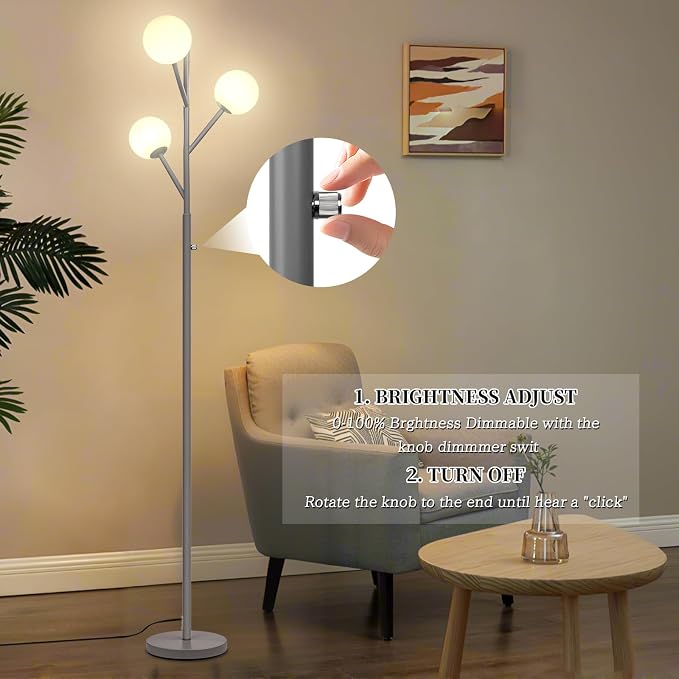 Ldeco Dimmable 3-Globe Mid Century Modern Floor Lamp, Bulbs Included,70in Tall Silver Standing Floor Lamp with Frosted Glass Shade for Living Room,Office Bedroom, Study Room, Hotel, (dimmer-Silver)