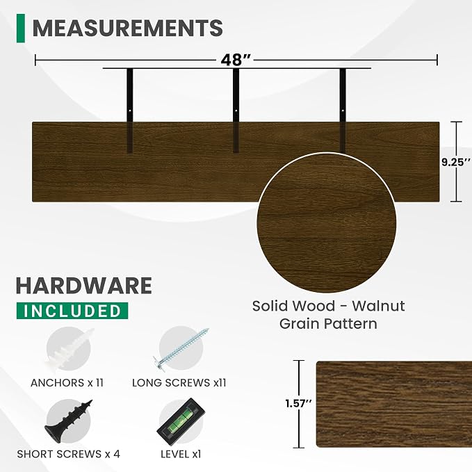 Solid Wood Floating Shelves For Wall, 48”W x 9”D x 1.56”H Large Wall Shelves for Living Room Bedroom Bathroom Kitchen Drcor Storage with Invisible Heavy-Duty Metal Bracket, Light Brown, Set of 1