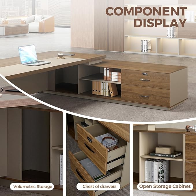 Modern L Shape Executive Desk with Drawers and Lockable Storage Cabinet, Large Executive Office Desk with Cable Management (Champagne Wood Grain+Beige/Right,79" L*63" W*30" H)