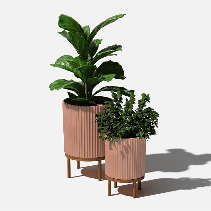Veradek Demi Series Round Planter w/Stand for Porch/Patio | Durable Plastic-Stone Composite & Wooden Stand | Modern Décor for Tall Plants, Flowers