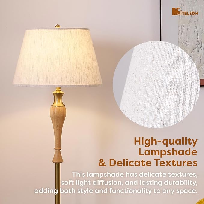 Natural Wood Floor Lamp with Linen Shade, Dimmable Standing Lamp for Living Room Bedroom Office, Mid Century Modern Tall Lamp with Stepless Dimmer Switch and Bulb