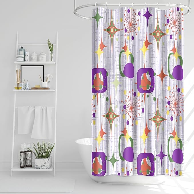 Mid Century Shower Curtain, 36x72inch, Modern Abstract Retro Purple Striped Geometric Shower Curtain Sets 1950s Boho Bathroom Shower Curtain with 6 Hooks