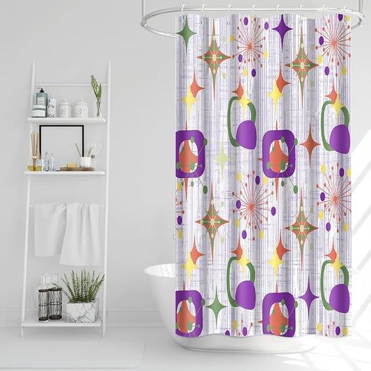 Mid Century Shower Curtain, 36x72inch, Modern Abstract Retro Purple Striped Geometric Shower Curtain Sets 1950s Boho Bathroom Shower Curtain with 6 Hooks