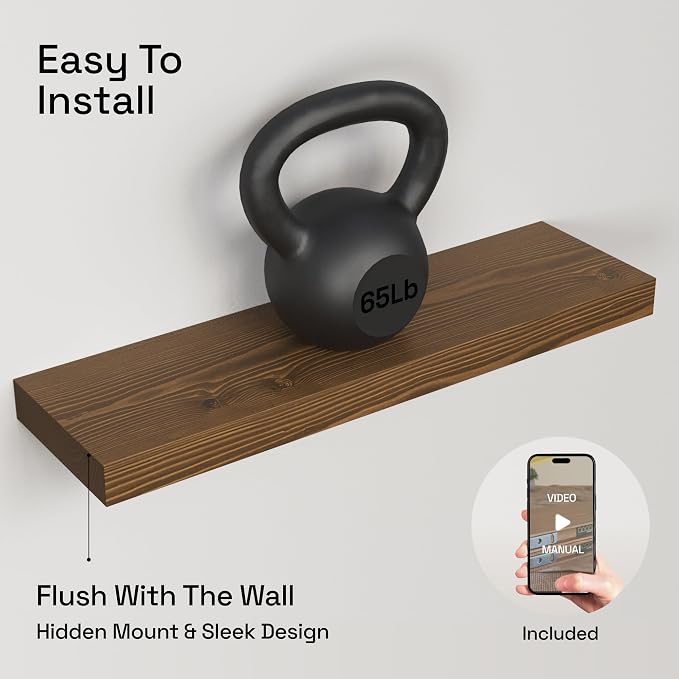 BAOBAB WORKSHOP Wood Floating Shelves, Bathroom Shelf 24 inch, Walnut Floating Shelf for Wall Mounted, Solid Wooden Wall Shelves for Bedroom Kitchen, Walnut Finish, 24 x 6.7, Set of 2