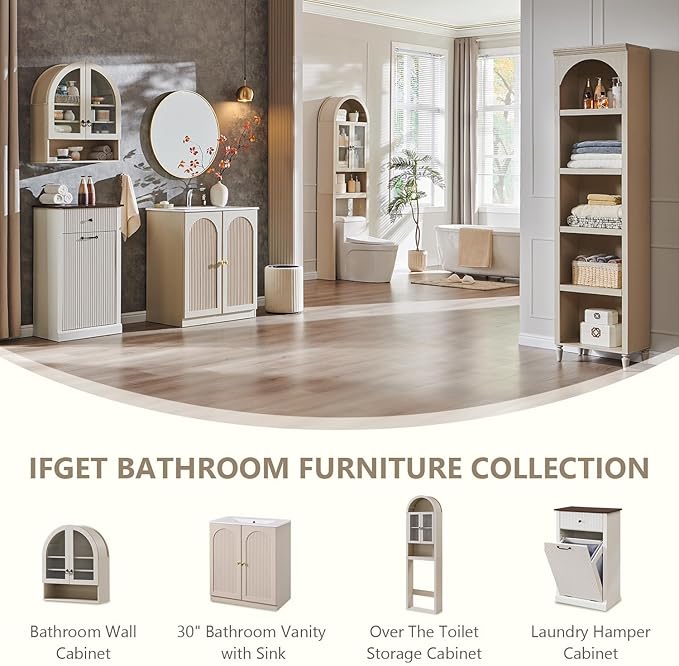 IFGET Arched Over The Toilet Storage Cabinet with Acrylic Doors, Modern Over Toilet Bathroom Organizer Shelf, Small Wooden Bathroom Storage Cabinet with Adjustable Shelf, Space Saver, Cream