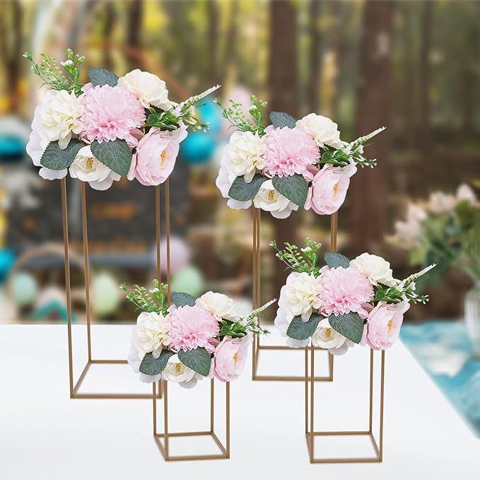 4PC Flower Stand for Wedding Metal Cylinder Stands for Party Rectangular Gold Centerpieces Flower Vase Gold Columns for Weddings Flower Plant Stand Decoration 15.74"/23.62"/31.49"/39.37"