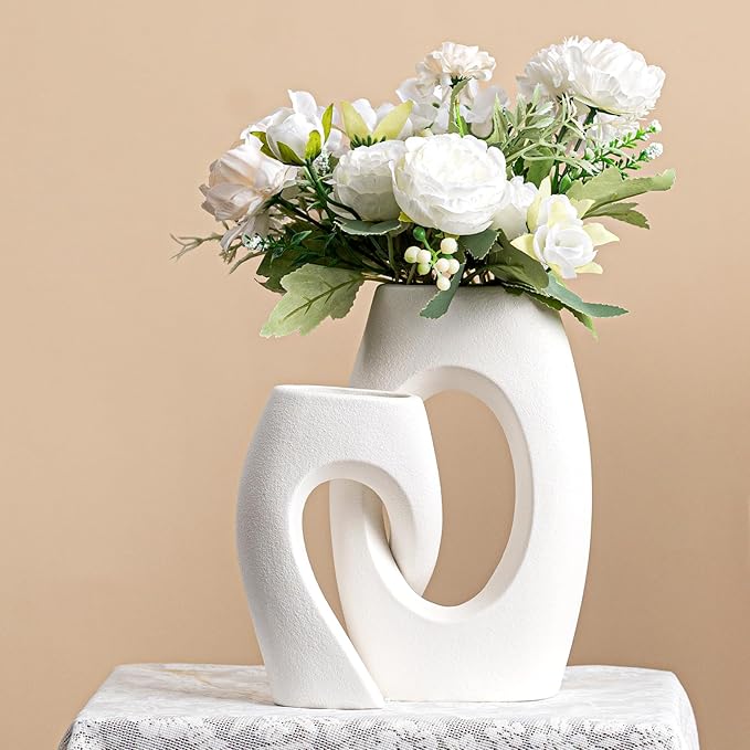 Intertwined Couple Vase Set - 2-Pcs White Ceramic Vases with Loop Design & Wide Rectangular Neck, Romantic Gifts for Couples, Wedding Gift for Couple, Decorative Vase for Living Room