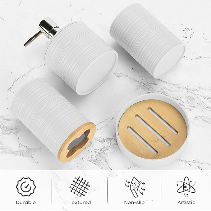 4 PCS White Bathroom Accessories Set, Includes a Soap Dispenser, Toothbrush Holder, Soap Dish and Mouthwash Cup, Plastics & Bamboo Bathroom Set, Bohemian Style Bathroom Sink Set