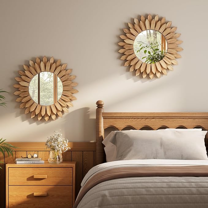 Boho Wood Sunburst Round Wall Mirror, 20 Inch Rustic Circle Wooden Frame Decorative Mirror for Farmhouse Coastal Home, Home Wall Decor for Living Room Entryway Bedroom, Light Wood