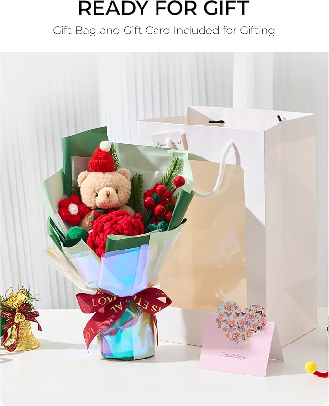 Christmas Crochet Flower Bouquet, Handmade Knitted Flowers with Rose Holly, for Lover Mother Women Family Friends, Lasting Holiday Home Decor