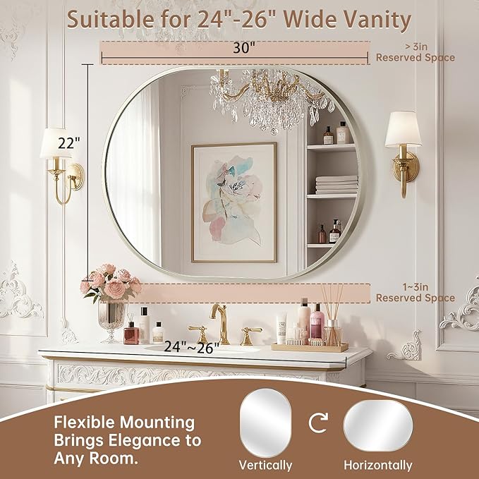 Brushed Nickel Mirror, 22"x30" Oval Bathroom Mirror, Oval Mirror with Brushed Metal Frame, Wall Mount Mirrors Decor for Bathroom, Bedroom, Entryway (Hangs Horizontally or Vertically)