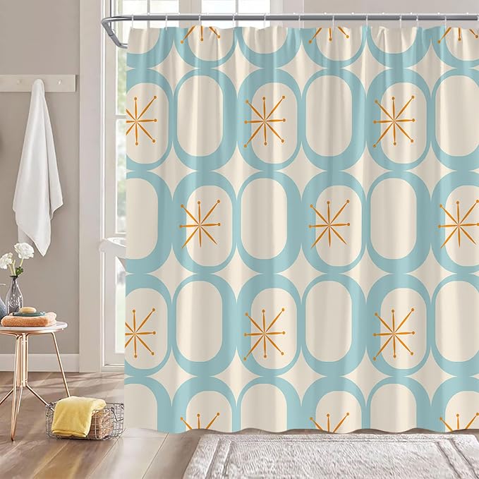 Mid Century Shower Curtain Modern Abstract Atomic Starbursts Squares Retro 50s Geometric Bathroom Decor Polyester Curtains with Hooks