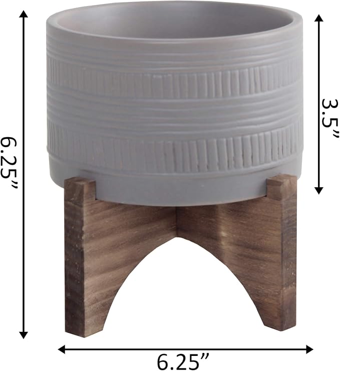 Flora Bunda Mid-Century 5 Inch Pueblo Texture Planter on Wood Stand,Pueblo Dark Grey 5"