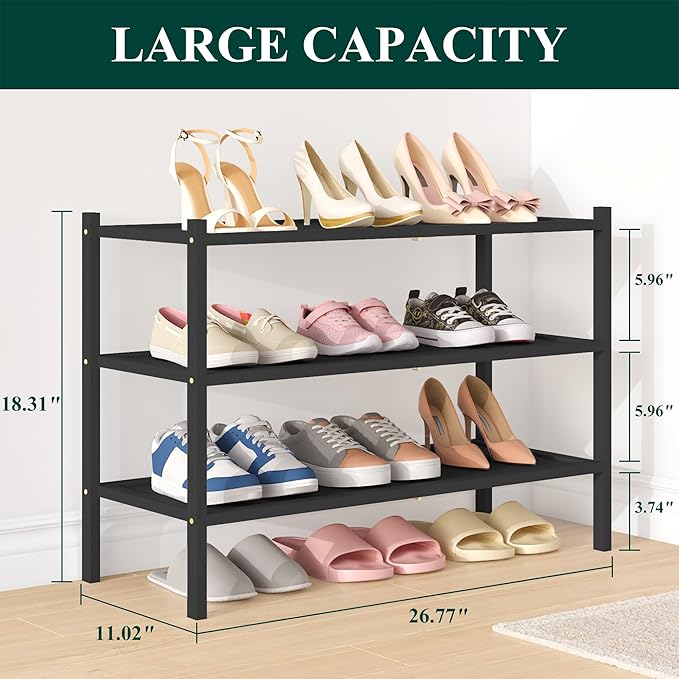 Smiry Bamboo Shoe Rack, 3 Tier Shoe Organizer for Entryway & Closet, Stackable Free Standing Storage Shelf for Shoes, Bags & Plants, Black