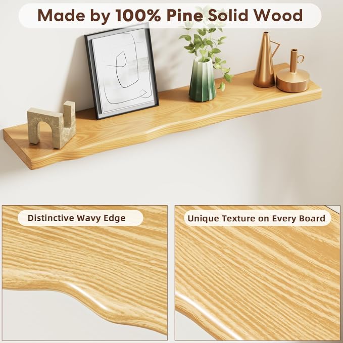 Solid Wood Live Edge Floating Shelves Set of 2 – 36" Rustic Wall Shelf with Hidden Bracket System, Wall Mounted Shelves for Bathroom, Kitchen, Living Room, Bedroom (Natural)