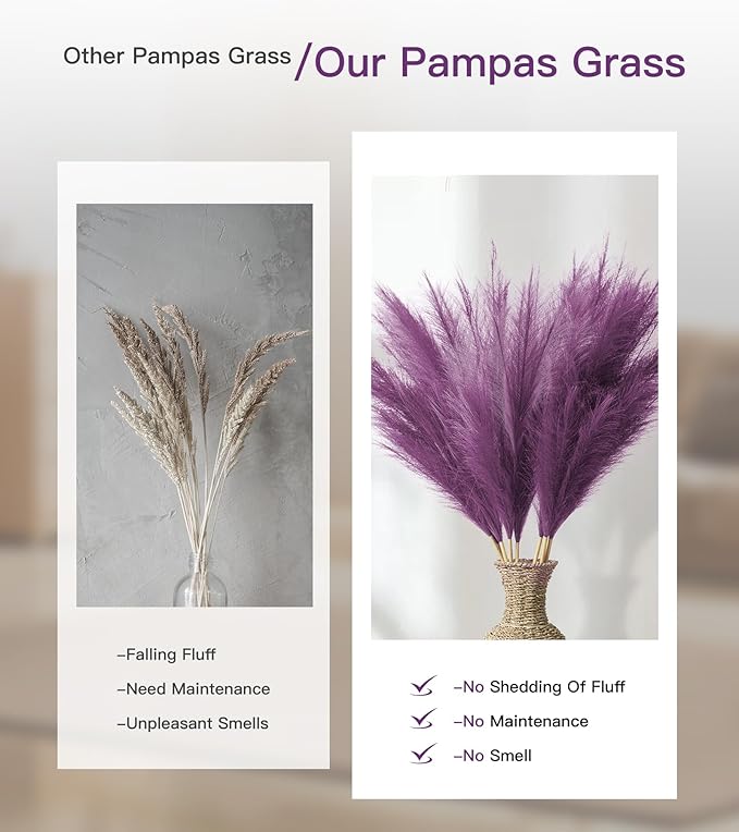9 Pcs 45" Tall Pampas Grass Purple Decor, Long Stem Artificial Flower Floor Vase Large Faux Floral Pompas Fake Plants Dried Bouquet Arrangement Vase Filler for Boho Home Wedding Decoration