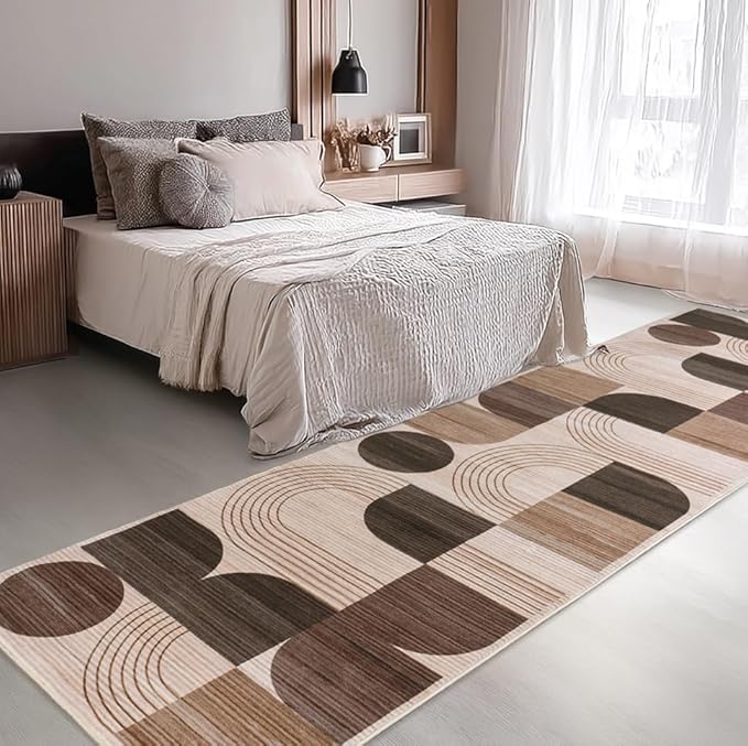 Machine Washable 2x6 Runner Rug, Soft Modern Geometric Abstract Brown Rugs for Bedroom Living Room, Non-Shedding Faux Wool Indoor Throw Floor Carpet for Office Entryway Dining Room Decor