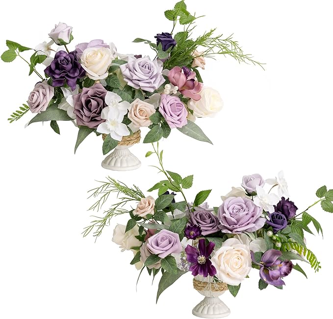 Ling's moment Lilac & Gold Artificial Flowers with Vase Wedding Decor Centerpiece Flower Potted for Ceremony Reception Tabletop Desk Flowers Mantel Archway Aisle, Light Purple Fake Flowers Set of 2