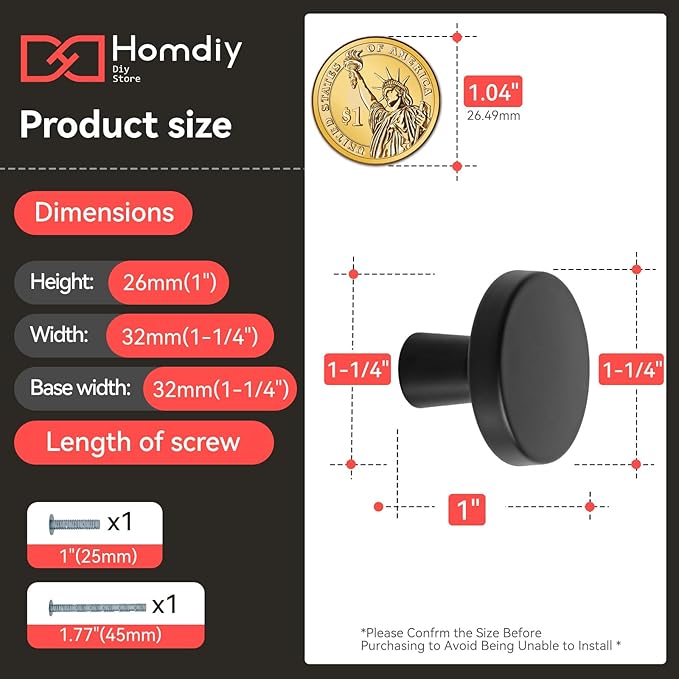 homdiy 50 Pack Black Cabinet Knobs Round Matte Kitchen Handles Zinc Alloy Metal Hardware for Dresser Drawer Desk Cupboard