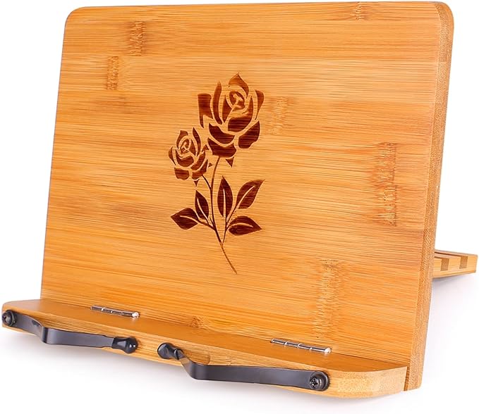 MEGREZ Bamboo Book Stand 11 x 8.0 inch, Foldable Cookbook Holder with 6 Adjustable Height, Reading Book Holder for Recipe, Music Book, Textbook, Tablet Stand, Rose