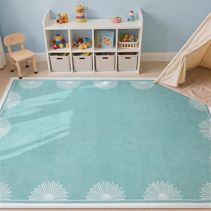 Hedlive Washable 3x5 Toddler Rug, Soft Low Pile Baby Blue Nursery Area Rugs for Boys and Girls, Sun Print Floor Carpet for Kid Baby Room Bedroom Playroom Classrooom Dorm(3'x5',Baby Blue)