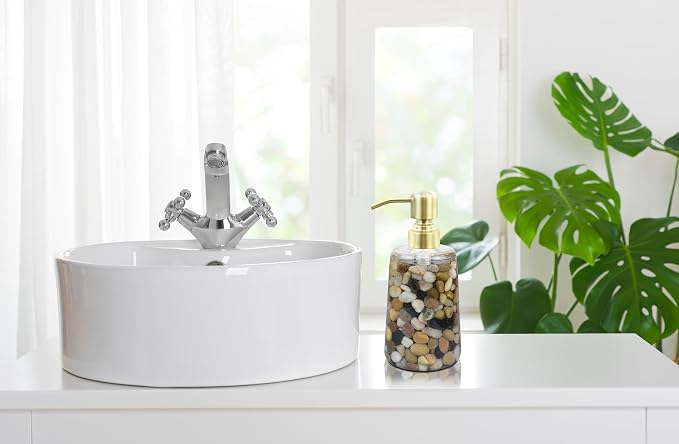 Handmade Refillable Soap Dispenser for Bathroom & Kitchen, Rocks Stone Soap Dispenser with Gold Stainless Steel Pump