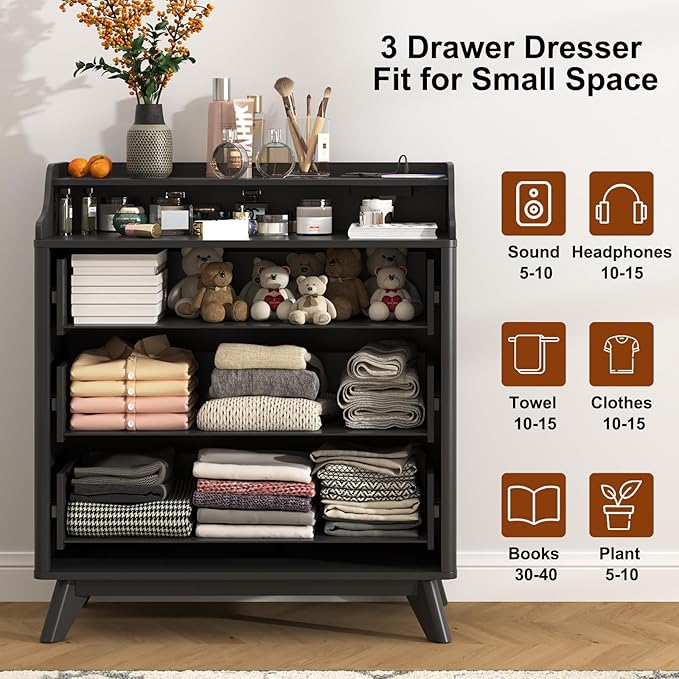 3 Drawer Dressers for Bedroom, 32" Large Wood Storage Dresser & Chest of Drawers with Charging Station, Wide Modern Dressers with 3 Drawer Storage Organizer for Bedroom Living Room Closet, Black