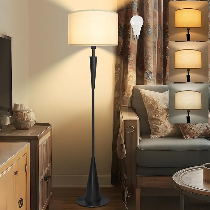 Floor Lamps for Living Room,61.5" Wood Floor Lamp,Retro Farmhouse Standing Lamp Includes 9W Bulb with 3-Color Temperature,Tall Lamp for Bedroom,Dining Room,Living Room,Corner,Black
