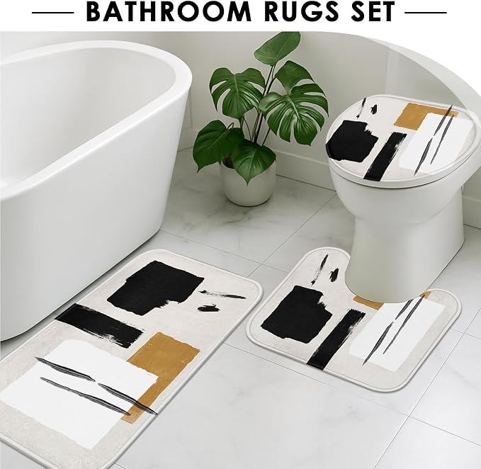 Boho Mid Century Shower Curtain Set with Toilet Lid Cover and Non-Slip Rugs, Abstract Line Art 4 Pcs Shower Curtain, Modern Minimalist Geometric Bathroom Set Decor with 12 Hooks