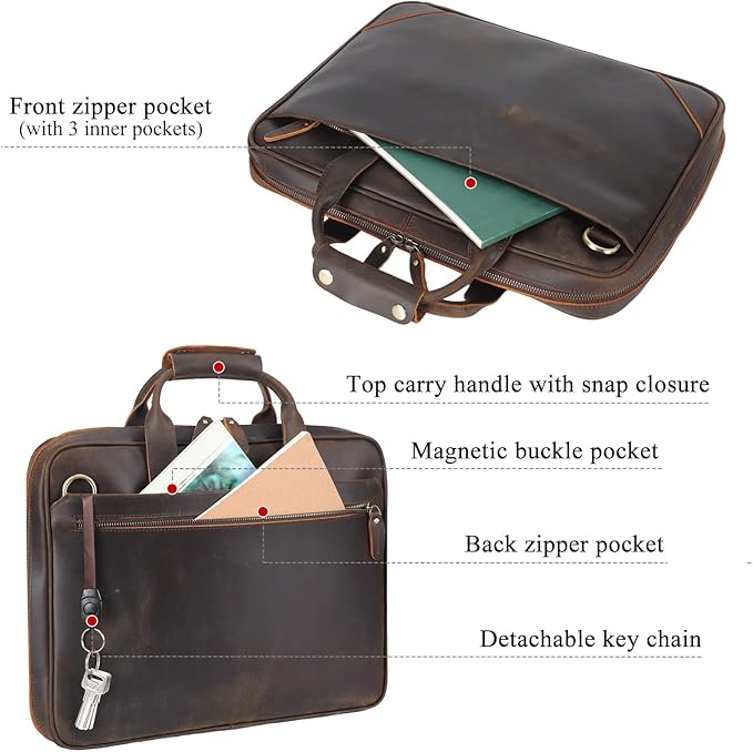 Leather Slim Briefcase for Men 15.6" Laptop Crossbody Messenger Bag Business Work Lawyer Attache Case