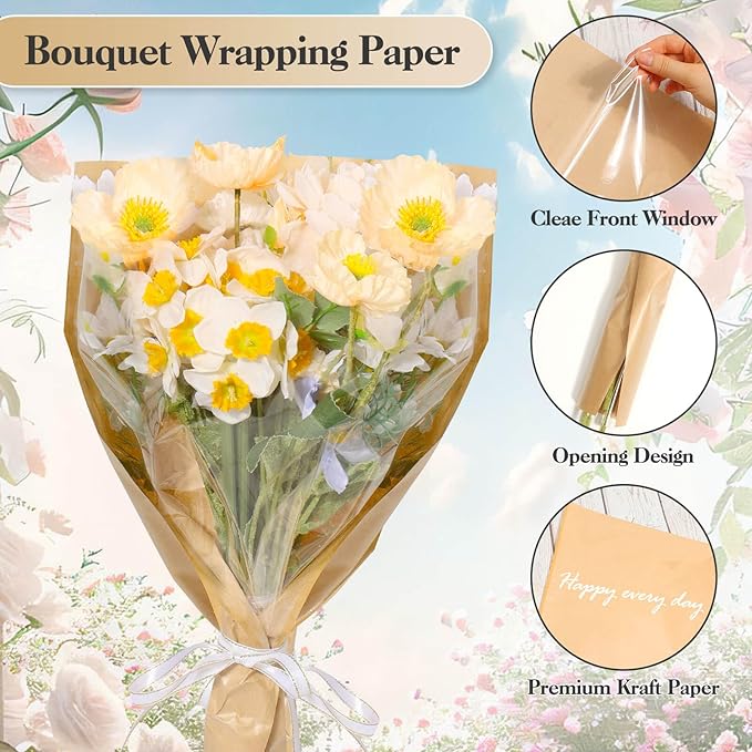 cridoz 50 PCS Flower Wrapping Paper Sleeves for Bouquets with 50 PCS Floral Card Holder Picks and Ribbons, Kraft Bouquet Bags for Flower Bar, Mother's Day, Graduation, Valentine, 22 x 14 Inches