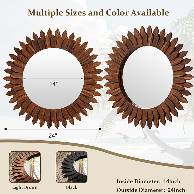 Boho Wood Sunburst Round Wall Mirror, 24 Inch Rustic Circle Wooden Frame Decorative Mirror for Farmhouse Coastal Home, Home Wall Decor for Living Room Entryway Bedroom, Walnut