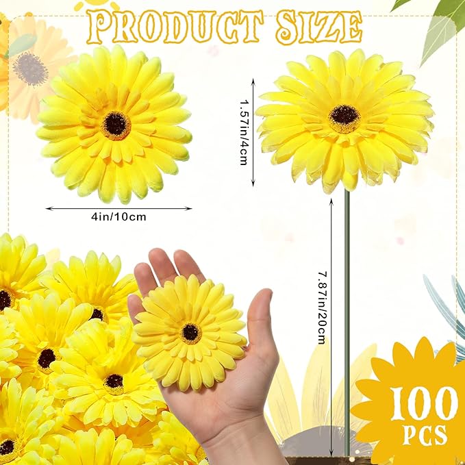100 Pcs Flowers Long Stem Artificial Daisy, 4 Inches Silk Gerbera Head Flowers Fake for Wedding Bridal Bouquet Home Floral DIY Day of The Dead Tables Centerpieces Party Decoration (Yellow)