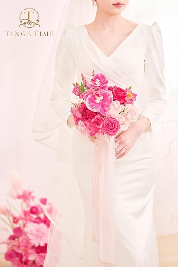 TINGE TIME 9 Inch Artificial Bridal Bouquet, Cascading Wedding Bouquet for Wedding Ceremony and Anniversary (Hot Pink)
