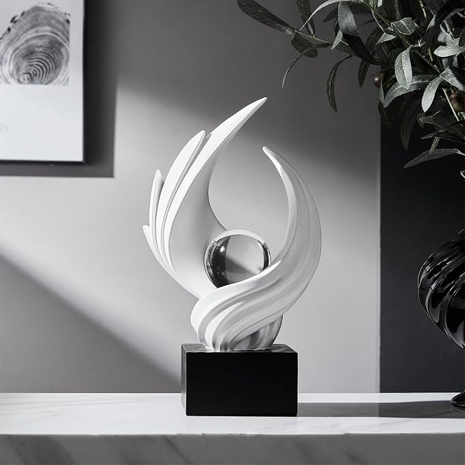 Modern Art Statue Decor, Abstract Swirl-Shaped Sculpture with Glass Ball Resin Art Figurines Centerpiece Sculptures for Home Decor Living Room Stand Coffee Table Office Bookshelf Decoration (white)