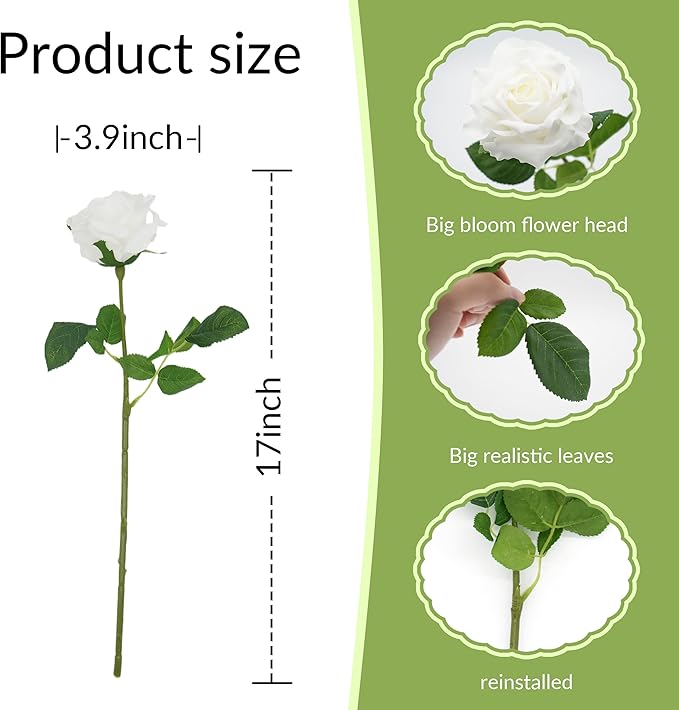 6 Pcs Silk Real Touch Latex Roses, Artificial Single Stem Big Bloom Faux Roses for Home Party Office Wedding Indoor Decor, Floral Arrangements, Table Centerpieces