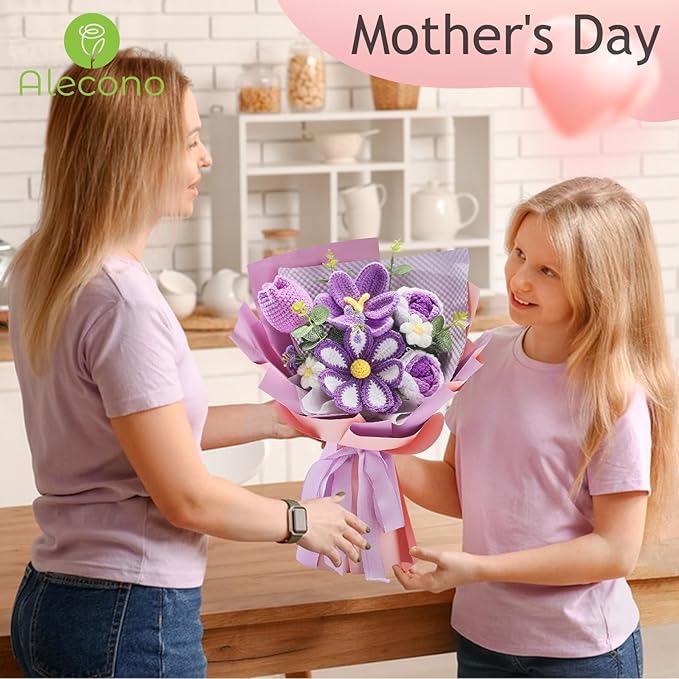 Alecono Crochet Flower Bouquet, Purple Knitted Flowers, Crochet Tulip Galsang Flower for Lover Anniversary Birthday Party Mother's Day Graduation Gifts (Include Card)