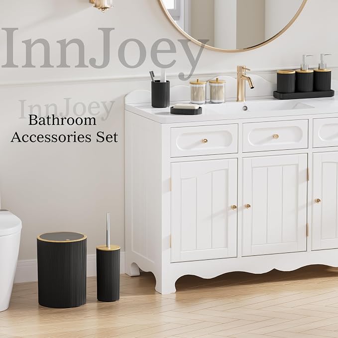 10PC Bathroom Accessories Set - Black and Wooden Bathroom Sets, Bathroom Accessory Set with Pop Up Trash Can, Toilet Brush, Trash Can, Qtip Holder & Soap Dispenser
