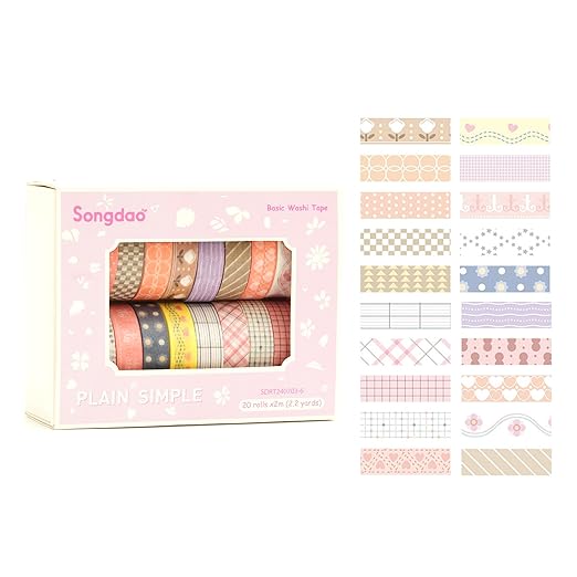 Songdao 20 Rolls Basic Washi Tape Set Japanese Arts Adhesive Tapes Simple Patterns Decorative Masking Tape Sets for Craft, Kids, Scrapbook, DIY, Gift Wrapping (Style Six)