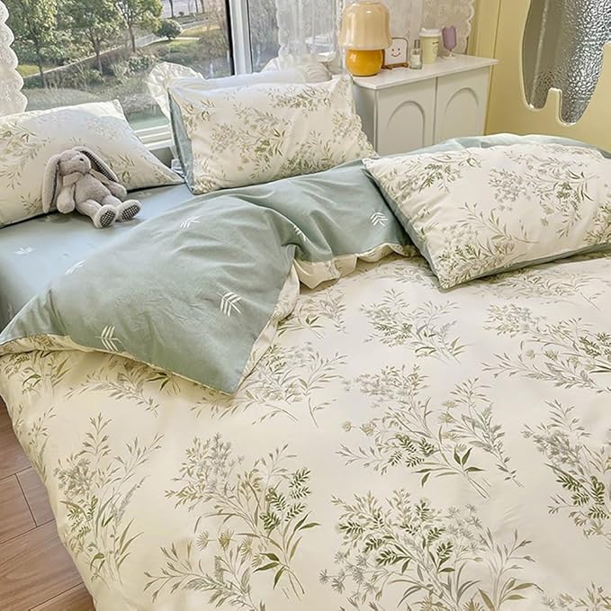 Garden Style Floral Duvet Cover Twin 3 Pieces Vintage Cottagecore Bedding Set 100% Cotton Botanical Floral Comforter Cover for Girls Women Chic Flower Leaves Plants Pattern Farmhouse Bedding Set