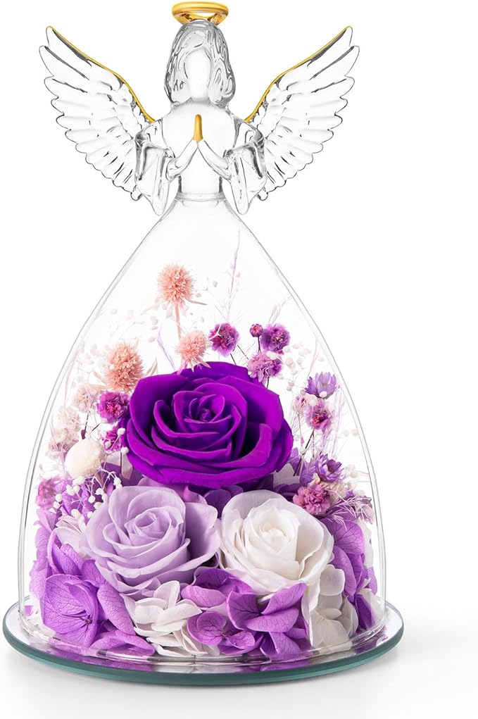 Christmas Roses Gifts for Mom,Preserved Real Flowers Roses in Glass Angel Figurines, for Grandma Women Mom Wife Mother in Law/Purple