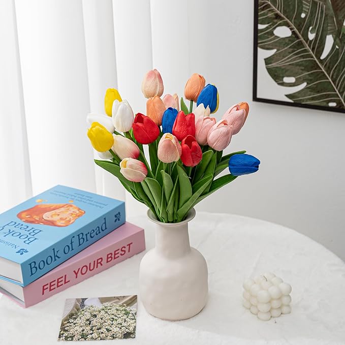 KAOYOO 18PCS Artificial Tulip Flowers Bouquet - Faux Latex Tulips for Home Decor,Office Desk,Kitchen Table,Wedding Centerpiece,Party,Spring Decoration(Red,18 Pack)