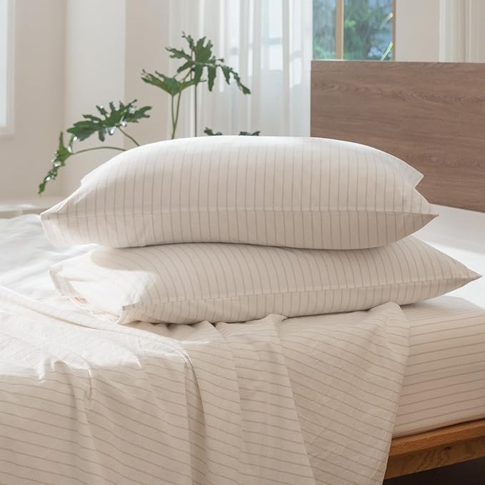 MooMee Striped Duvet Cover Set 100% Washed Cotton Linen Like Textured Breathable Durable Soft Comfy (White Almond Milk Grey Wide Stripes, Oversized King Plus 128"x120")