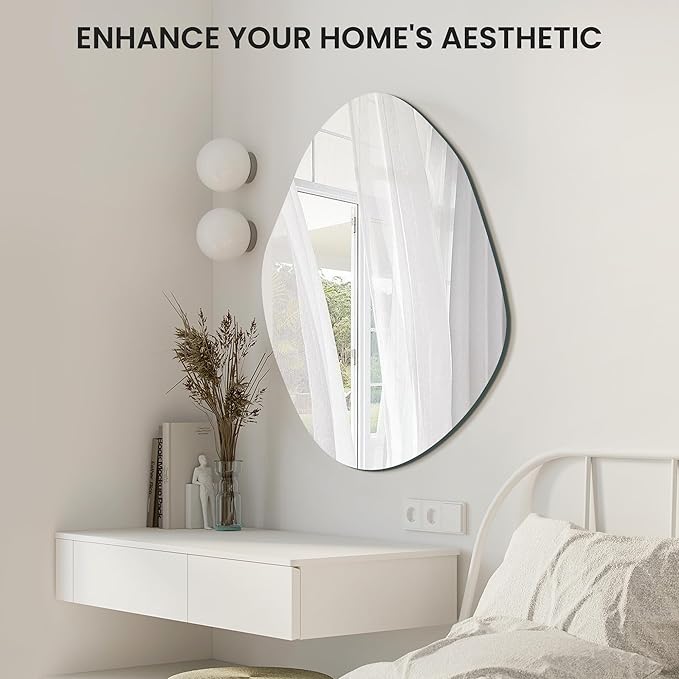 TRAHOME Irregular Asymmetrical Wall Mirror for Living Room Bathroom Entryway, Modern Decorative Mirror Hanging (Hook Style, 36'' x 24'')