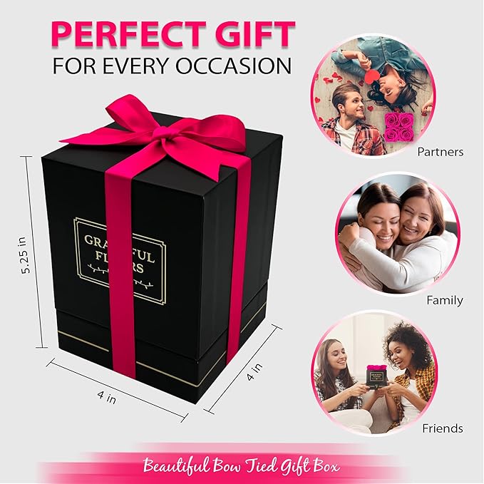 Graceful Fleurs | Real Long Lasting Roses for Years | Preserved Fresh Flowers for Delivery Birthday | Birthday Gifts for Women | Forever Roses in a Box (Radiant Pink, Black Box, 4 Roses)