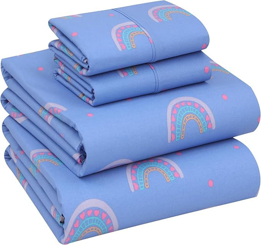 RUVANTI 100% Cotton Sheets Queen Size Set, 4 Pieces, Soft & Breathable Percale Weave Bedding, Deep Pocket 16", Hotel Standard, Crisp Cool Feeling, Durable, Perfect Floral Bed Sheet, Baby Rainbow