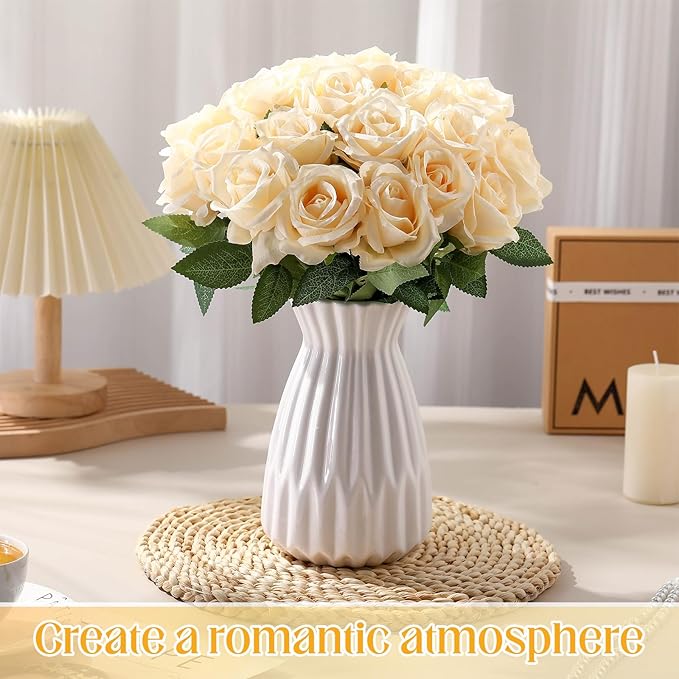 Hotop 20 Pcs Artificial Rose Flowers with Long Stem,Real Touch Silk Realistic Plastic Bouquet Roses Bulk for Home Decor Bridal Wedding Party Table Centerpieces Decorations(Champagne)
